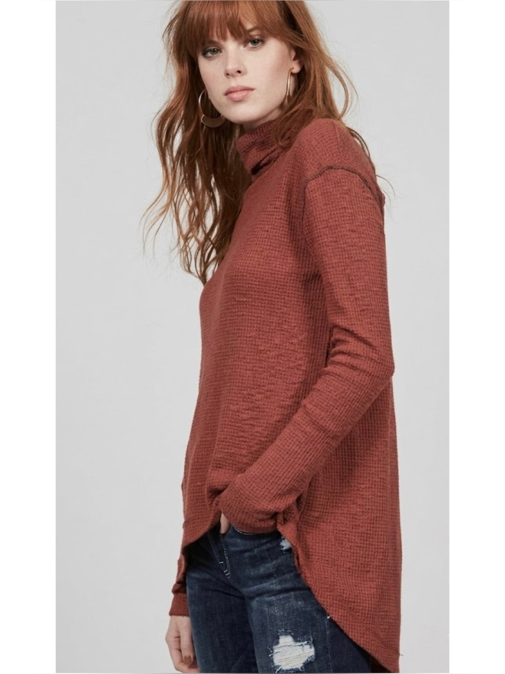 We The Free Split Back Mock Neck Burnt Orange Long Sleeve Top
